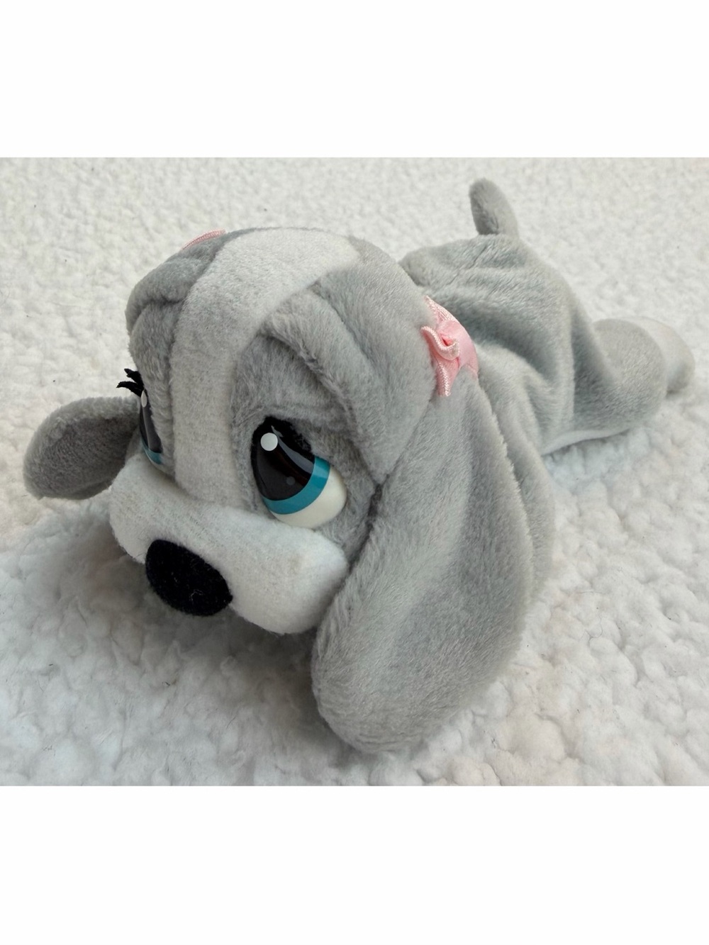 (VTG) APPLAUSE • Gray/White Puppy Dog Beanie Plush Toy with Pink Bows, OS